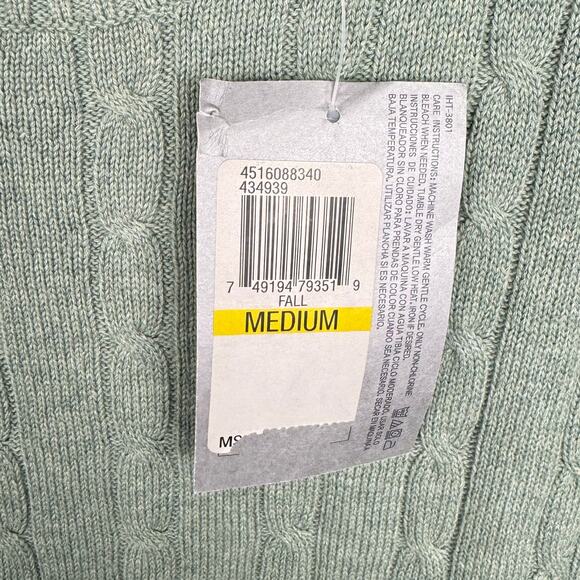New Izod Sage Green Cable Knit Minimalistic Cotton Soft Crew Neck Sweater Medium - Picture 7 of 11